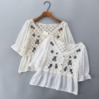Bell-sleeve Floral Embroidered Knit Panel Top