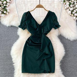 V-neck Ruffle Chiffon Sheath Dress