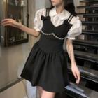 Sleeveless Rhinestone Mini A-line Dress / Short-sleeve Blouse