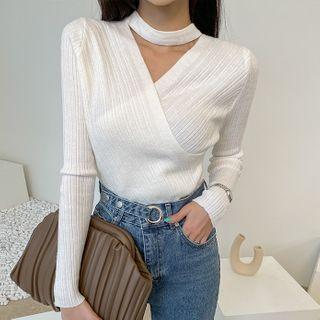 Choker Wrap Rib-knit Top