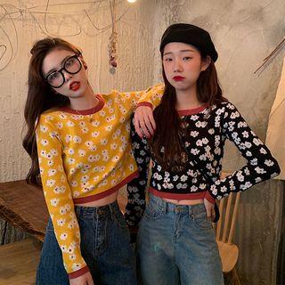 Long-sleeve Floral Cropped Knit Top