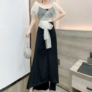 Mesh Panel Slit Midi A-line Dress