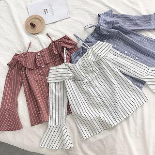 Off-shoulder Striped Ruffled-trim Blouse