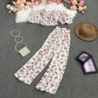Set: Short-sleeve Floral Print Blouse + Wide-leg Pants