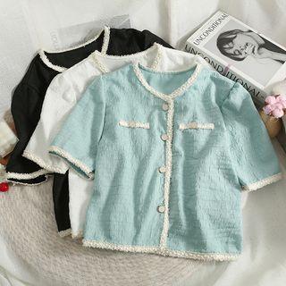 Fringed-trim Crew-neck Crop Shirt