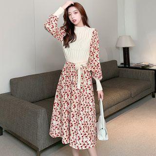 High-neck Knit Panel Floral Dress