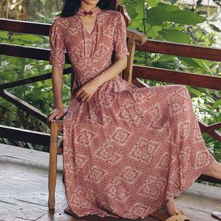 Puff-sleeve Pattern Printed V-neck Maxi Dress