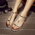Metallic T-strap Flat Sandals