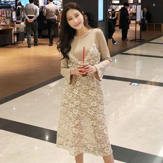 Set: Bell-sleeve Ribbed Top + Laced Pinafore Dress