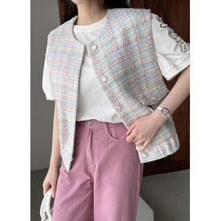 Sleeveless Tweed Blouson Jacket Pink - One Size
