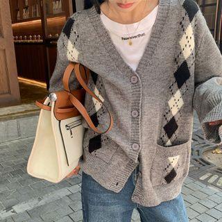 Argyle Cardigan Argyle - Gray - One Size
