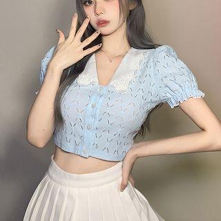 Puff-sleeve Collar Button-up Crop Top