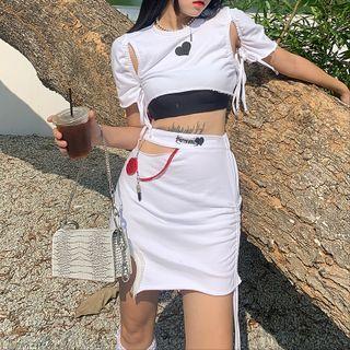 Short-sleeve Heart Embroidered Cropped T-shirt / Drawstring Mini Pencil Skirt