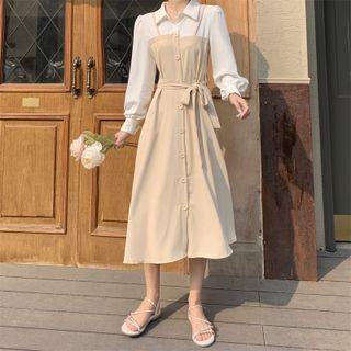 Long-sleeve Mock Two-piece Tie-waist Midi Dress