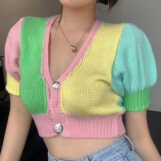 Short-sleeve Paneled Knit Top Paneled - Green & Pink - One Size