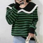 Peter Pan-collar Long-sleeve Striped Knit Sweater