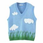 V-neck Cloud Print Sweater Vest White & Green Print - Blue - One Size