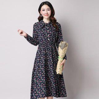 Floral Print Tie Neck Long Sleeve Midi Dress