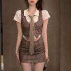 Short-sleeve Top / Sleeveless Striped Top / Mini Skirt / Tie / Set