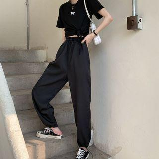 Short-sleeve Butterfly Print T-shirt / Drawcord Pants