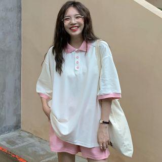 Elbow-sleeve Contrast Trim Oversized Polo Shirt / Wide Leg Shorts