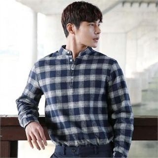 Mandarin-collar Half-placket Plaid Shirt