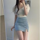 Plain Side-slit Mini Skirt / Short-sleeve Plain Knit Top