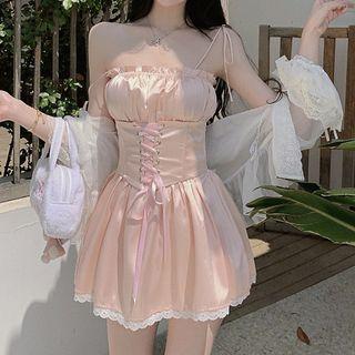 Set: Spaghetti Strap Lace-up Mini A-line Dress + Shorts