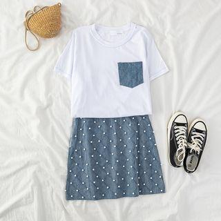 Short-sleeve Panel T-shirt / Dotted Pencil Skirt