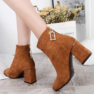 Rhinestone Buckle Faux Suede Block Heel Ankle Boots