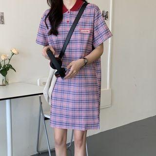Short-sleeve Embroidered Plaid Polo Shirt Dress