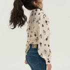 Long-sleeve Collared Floral Print Cropped Chiffon Blouse