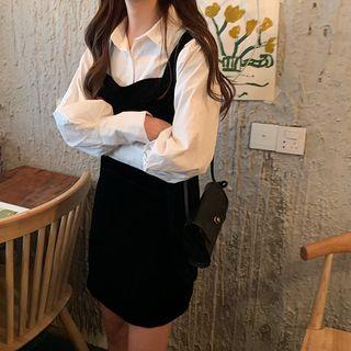 Plain Long-sleeve Shirt / Velvet Jumper Dress