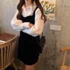 Plain Long-sleeve Shirt / Velvet Jumper Dress