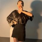 Long-sleeve Velvet Cropped Shirt / Asymmetric A-line Mini Skirt