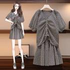 Set: Short-sleeve Patterned Drawstring Blouse + A-line Skirt