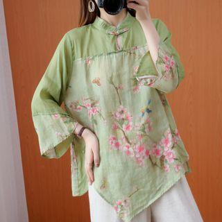 Mandarin Collar Floral Asymmetrical Hem Blouse