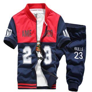 Set: Short-sleeve Lettering Jacket + Cropped Lettering Sweatpants