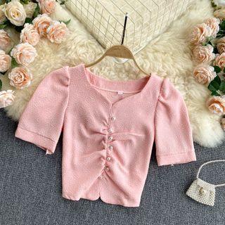 Short-sleeve Ruched Cropped Blouse