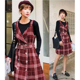 Set: Long-sleeve T-shirt + Plaid Double Breasted Jumper Dress