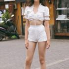 Set: Short-sleeve Lace Embroidered Top + Lace Embroidered Shorts