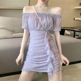 Short-sleeve Off-shoulder Mesh Mini Bodycon Dress