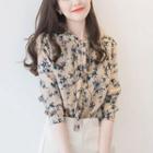 Tie-neck Puff-sleeve Floral Print Blouse