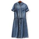 Short-sleeve Buttoned Denim Midi Dress