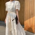 Short-sleeve Tie-front Midi A-line Eyelet Lace Dress
