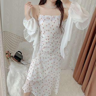 Plain Cardigan / Sleeveless Print Sheath Dress