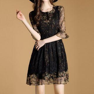 Set: Print 3/4-sleeve A-line Dress + Lace Dress