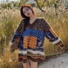 V-neck Printed Color-block Sweater As Shown In Figure - One Size