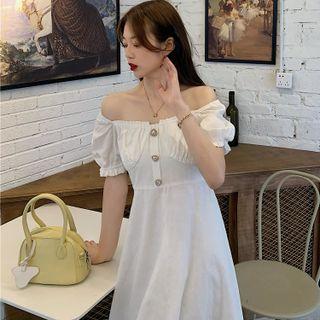 Short-sleeve Square Neck Button-up A-line Midi Dress