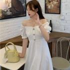 Short-sleeve Square Neck Button-up A-line Midi Dress